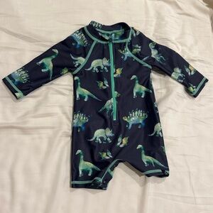 Deux par Deux Green Dinosaur Print swimsuit 3/6mo
